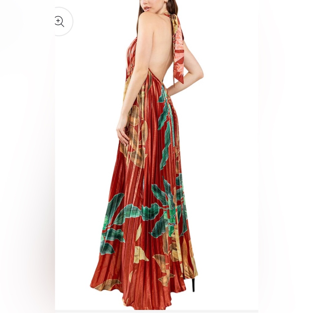 Red gold and green maxi dress with open back